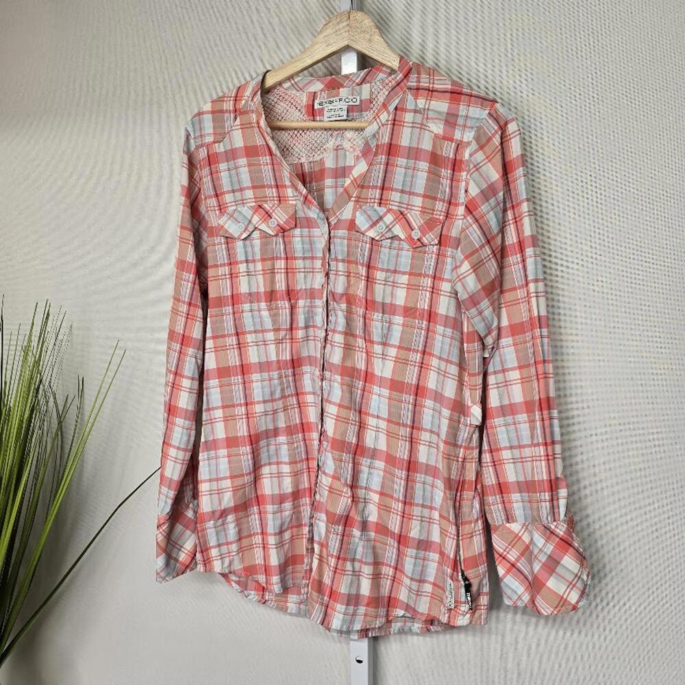 ExOfficio Womens Small Plaid Button Up Hiking Shirt Orange White Mesh V-Neck